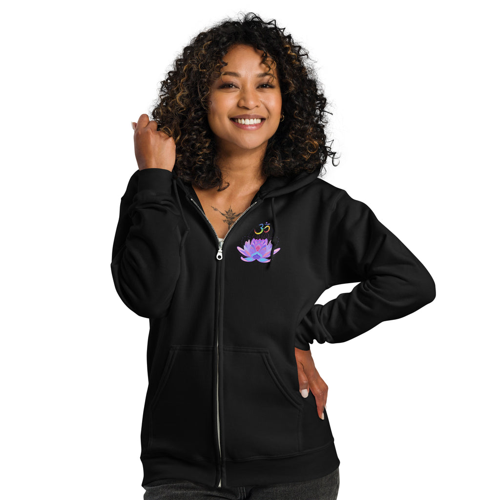 OM Lotus heavy blend zip hoodie-black with colorful OM symbol and pink and purble lotus flower.