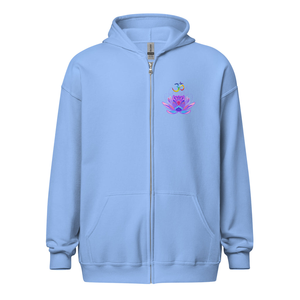 OM Lotus heavy blend zip hoodie-light blue with colorful OM symbol and pink and purble lotus flower.