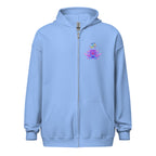 OM Lotus heavy blend zip hoodie-light blue with colorful OM symbol and pink and purble lotus flower.