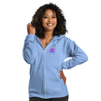 OM Lotus heavy blend zip hoodie-light blue with colorful OM symbol and pink and purble lotus flower.