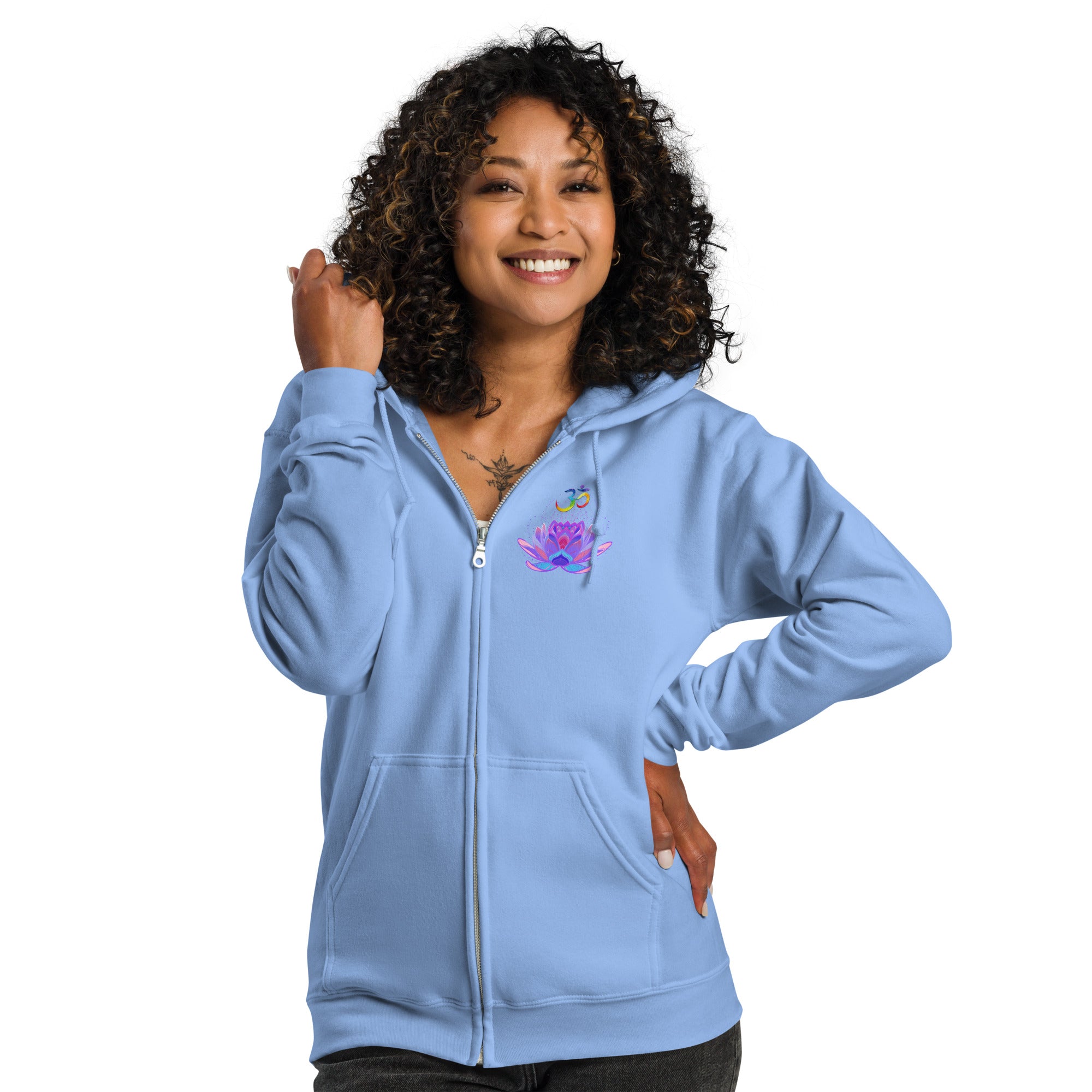 OM Lotus heavy blend zip hoodie-light blue with colorful OM symbol and pink and purble lotus flower.