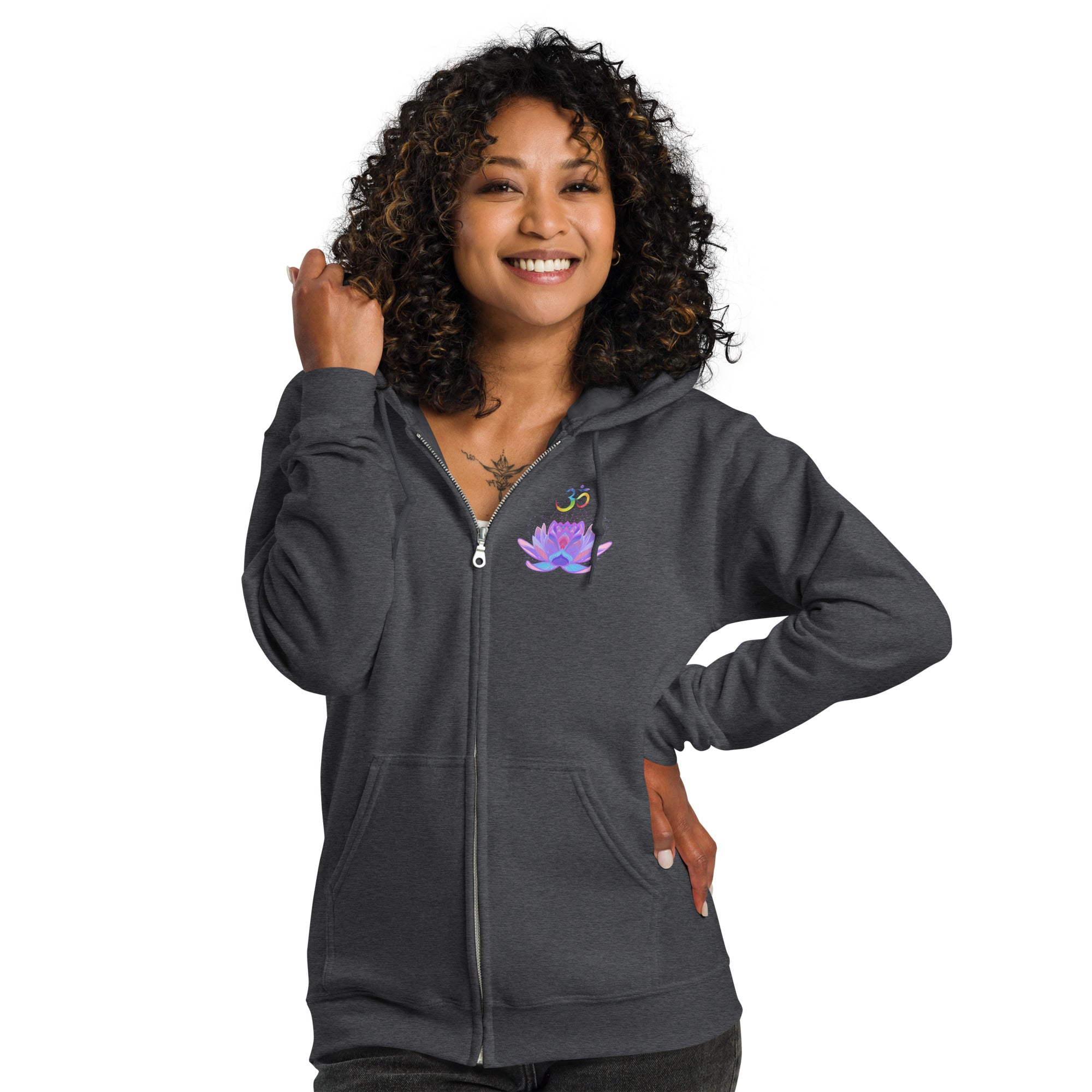 OM Lotus heavy blend zip hoodie-dark heather gray with colorful OM and pink and purble lotus flower.