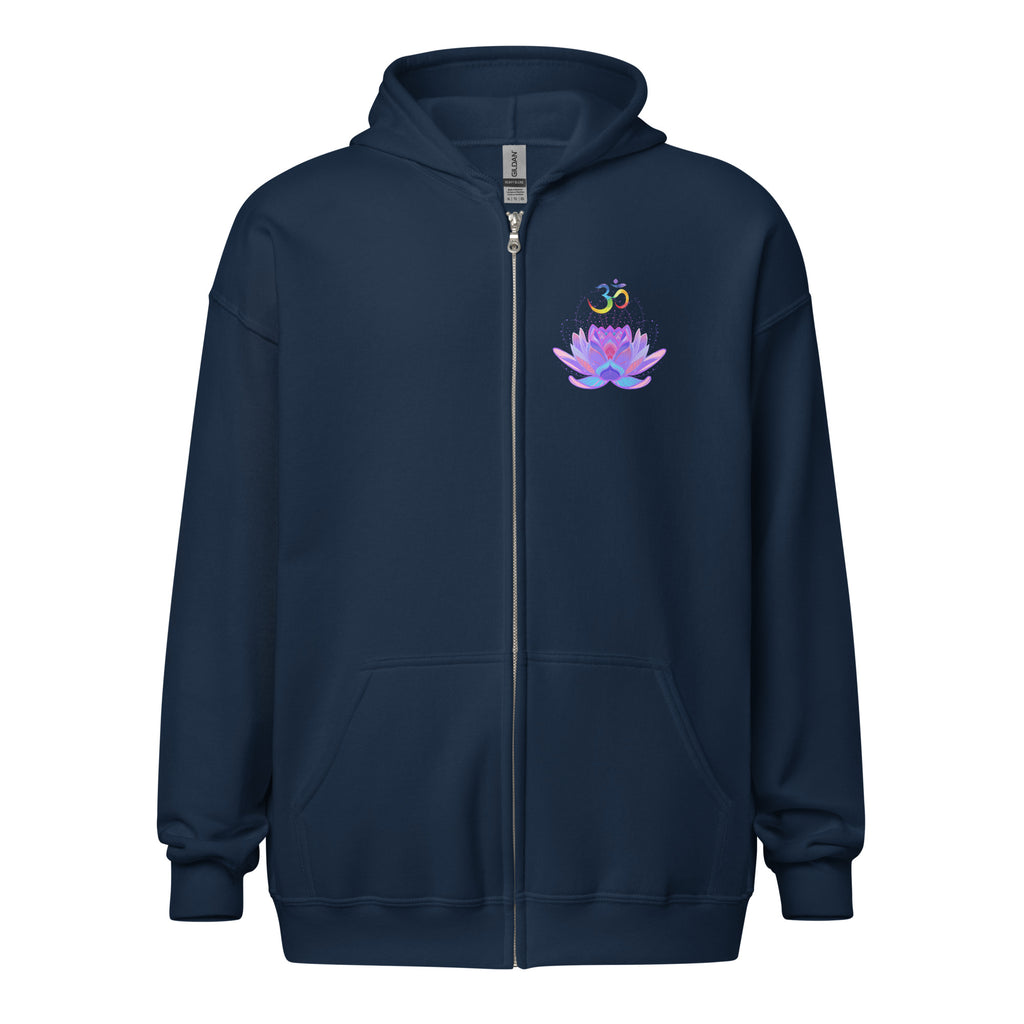 Navy blue hoodie with OM symbol, pink lotus flower design .