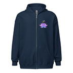 Navy blue hoodie with OM symbol, pink lotus flower design .