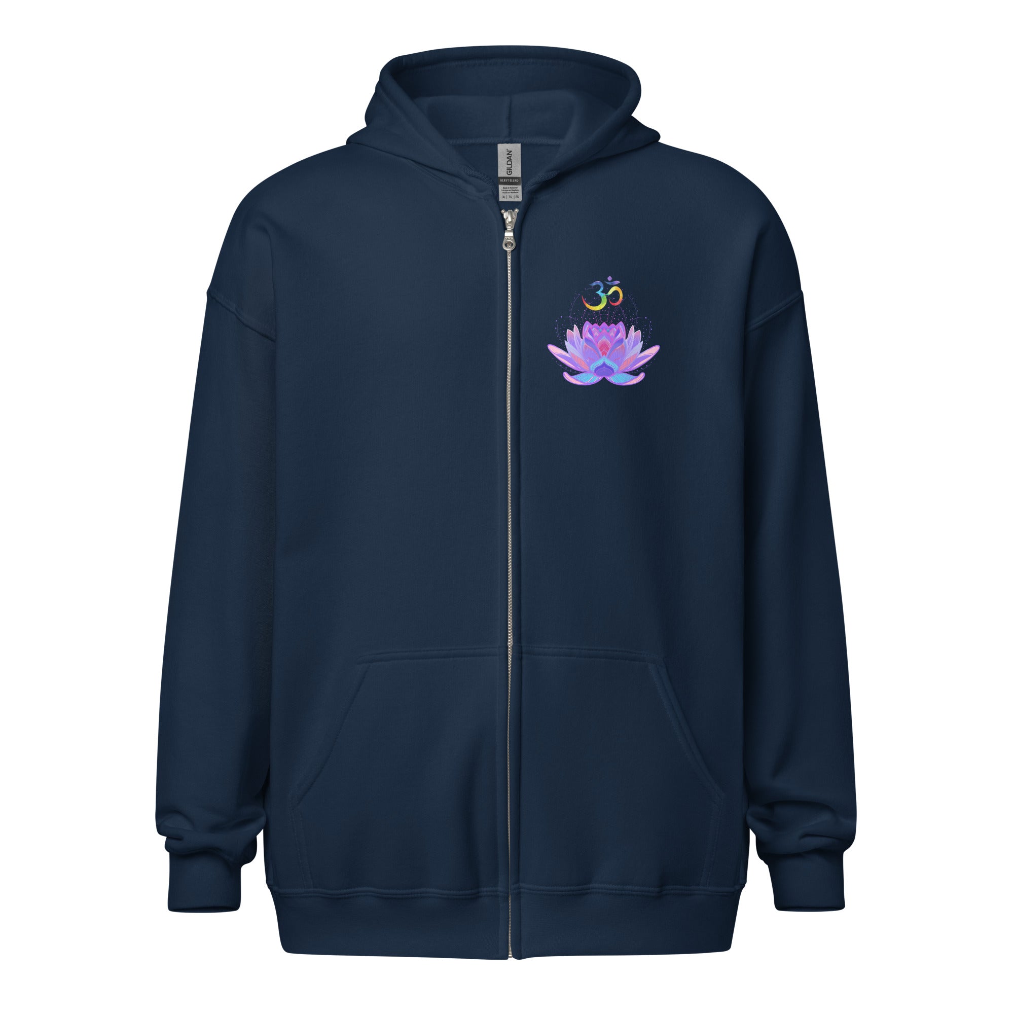 Navy blue hoodie with OM symbol, pink lotus flower design .