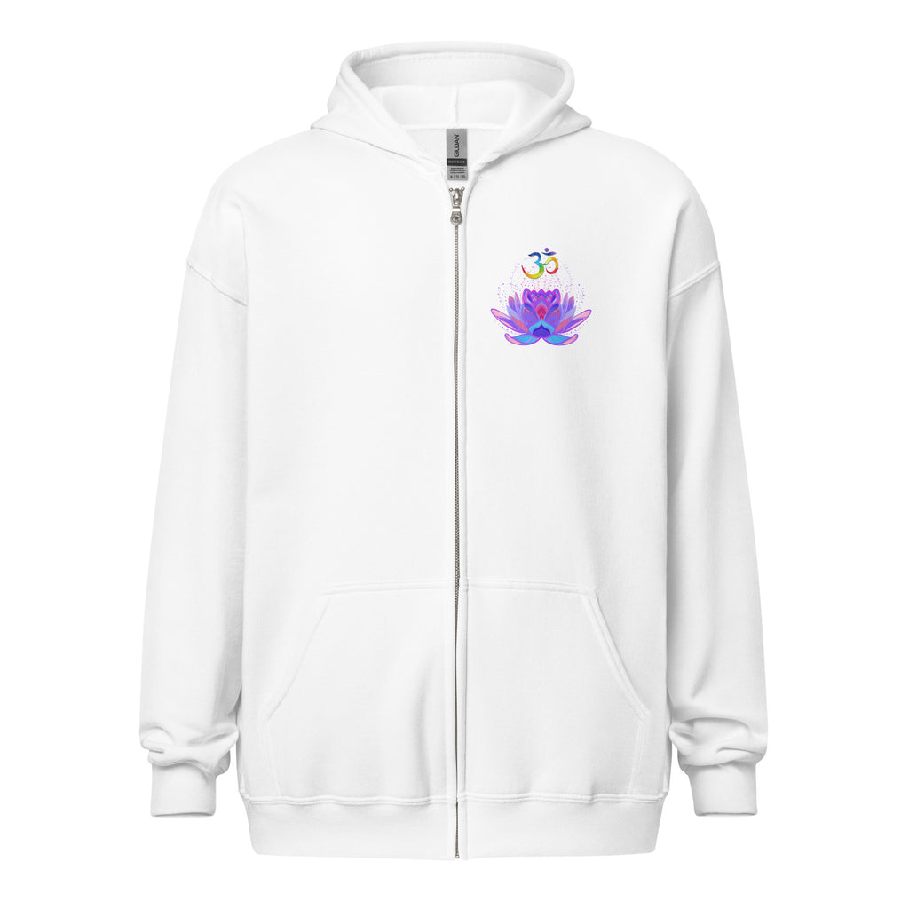 OM Lotus heavy blend zip hoodie-white with colorful OM symbol and pink and purble lotus flower.
