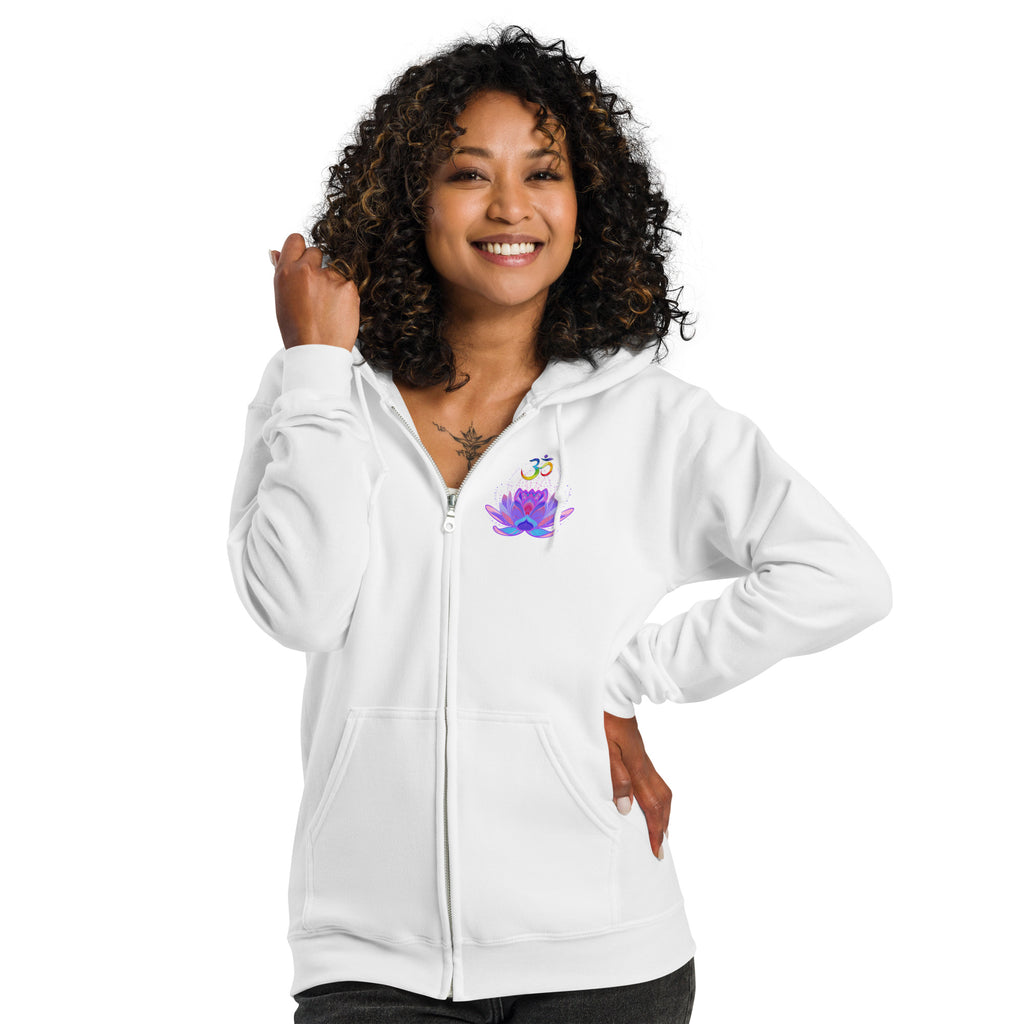 OM Lotus heavy blend zip hoodie-white with colorful OM symbol and pink and purble lotus flower.