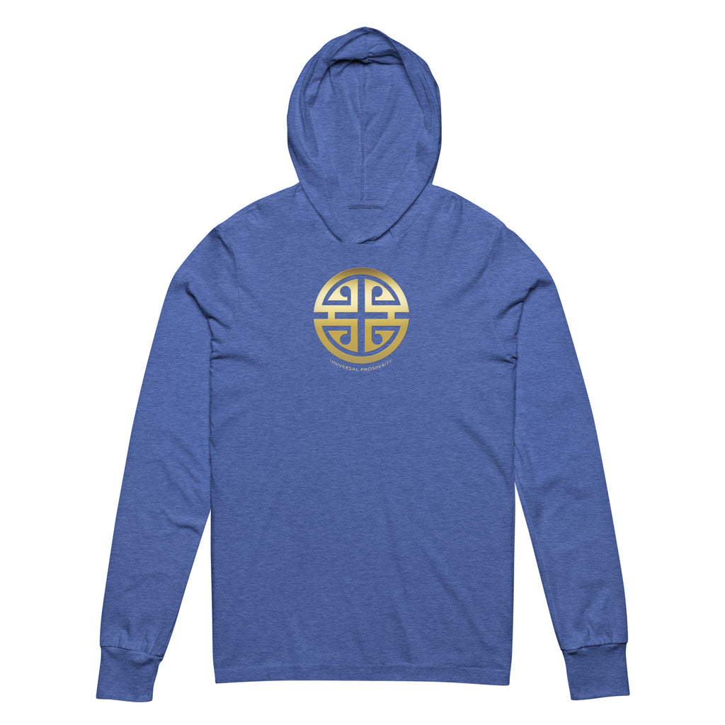 Heather Royal hoodie with a gold Univesal Prosperity Asian Design.