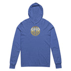 Heather Royal hoodie with a gold Univesal Prosperity Asian Design.