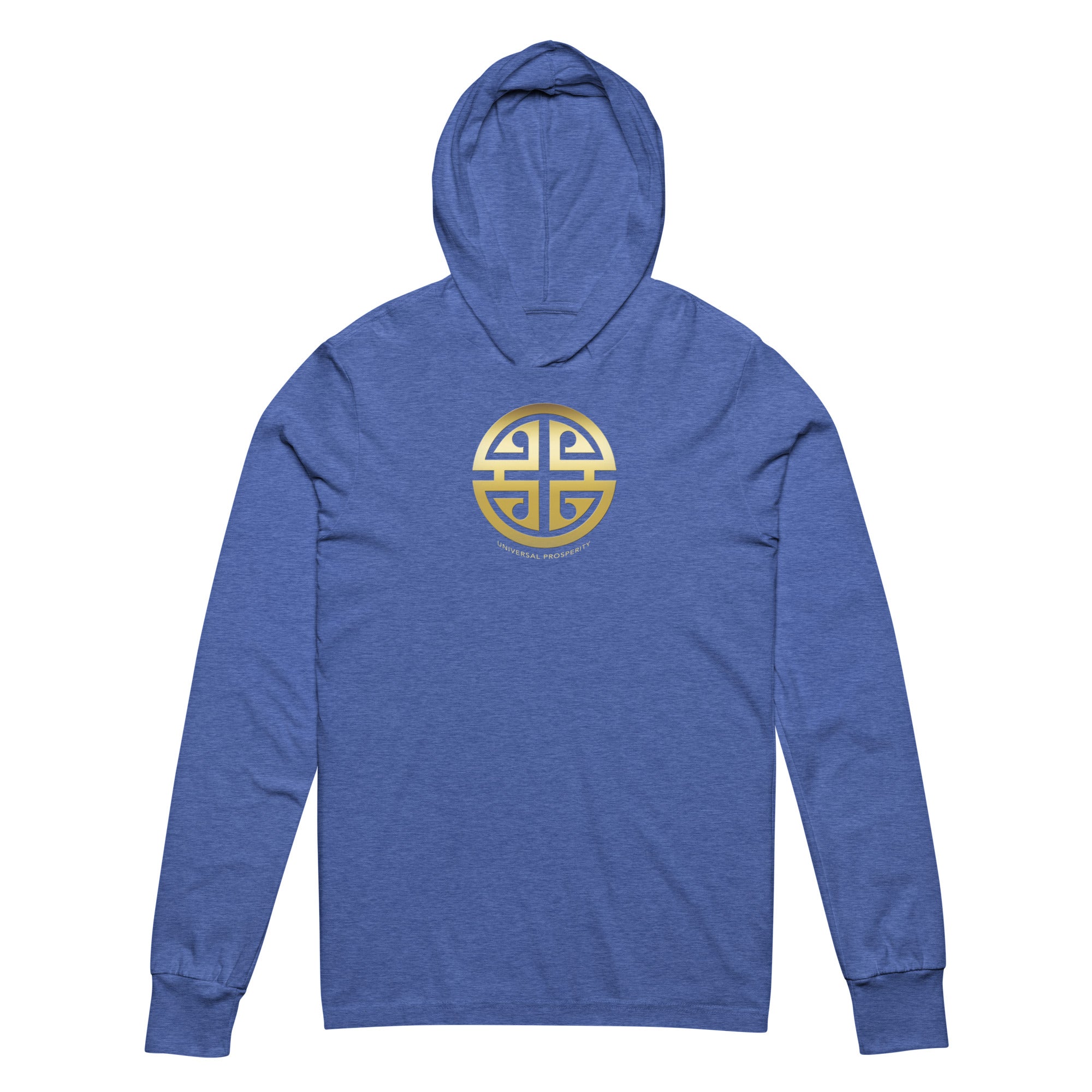 Heather Royal hoodie with a gold Univesal Prosperity Asian Design.