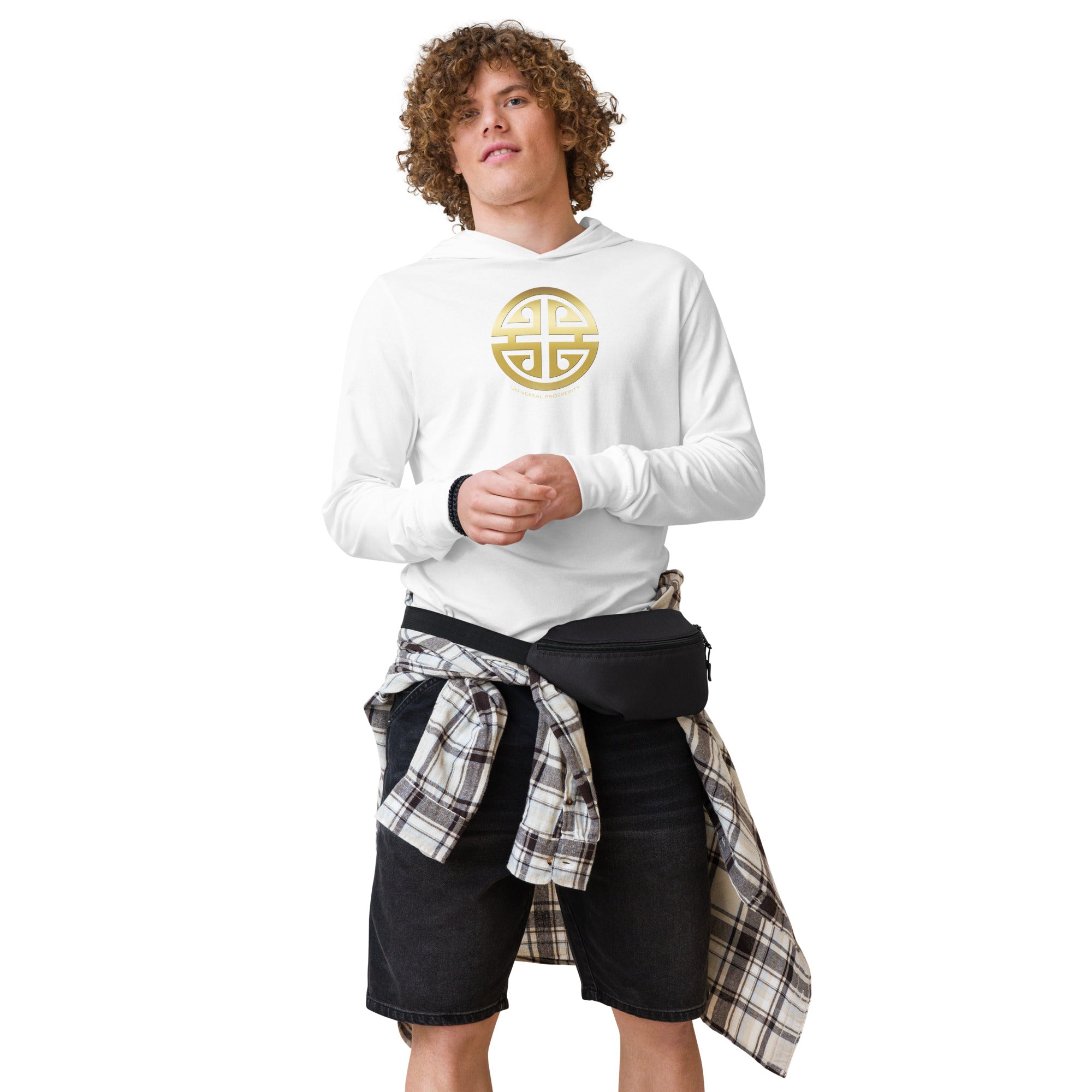 Person wearing a white hoodie with a gold Univesal Prosperity Asian Design.