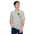 Person wearing a gray t-shirt with a four-leaf clover design with Lucky Day script.
