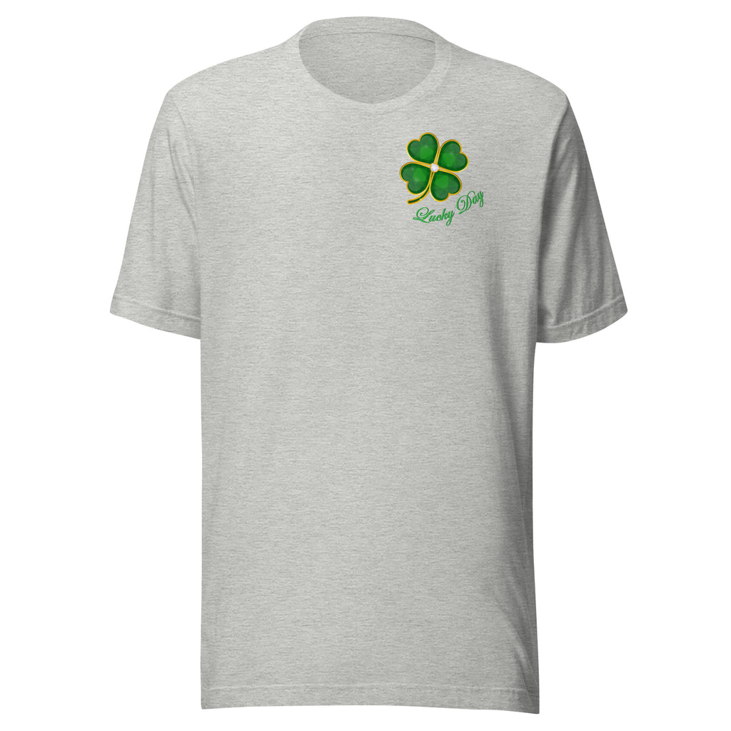 Gray t-shirt with a four-leaf clover design on a white background