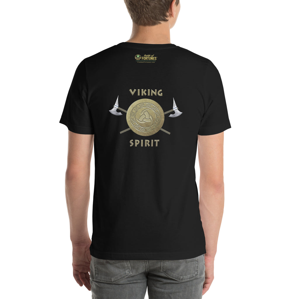 Black t-shirt with  gold 'Viking Spirit' design on the back, worn by a person.