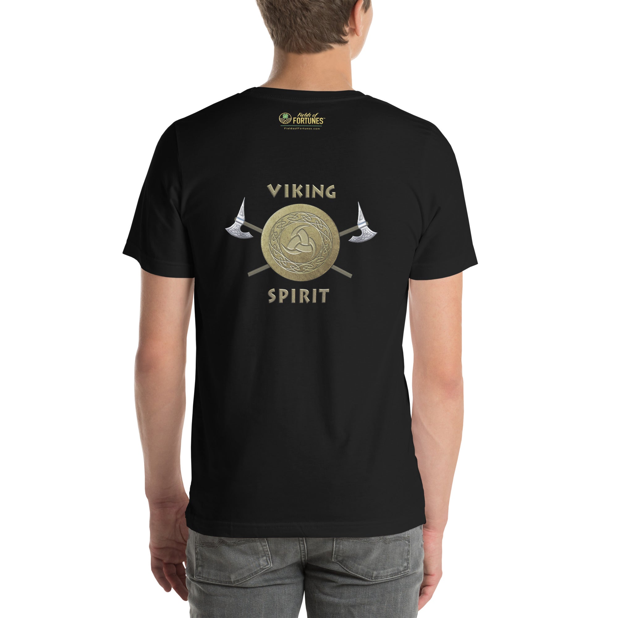 Black t-shirt with  gold 'Viking Spirit' design on the back, worn by a person.