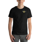 Black t-shirt with  small gold 'Viking Spirit' design on the front, worn by a person.