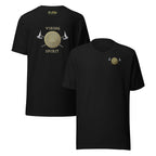 Black t-shirt with gold 'Viking Spirit' design small on front, large on back.