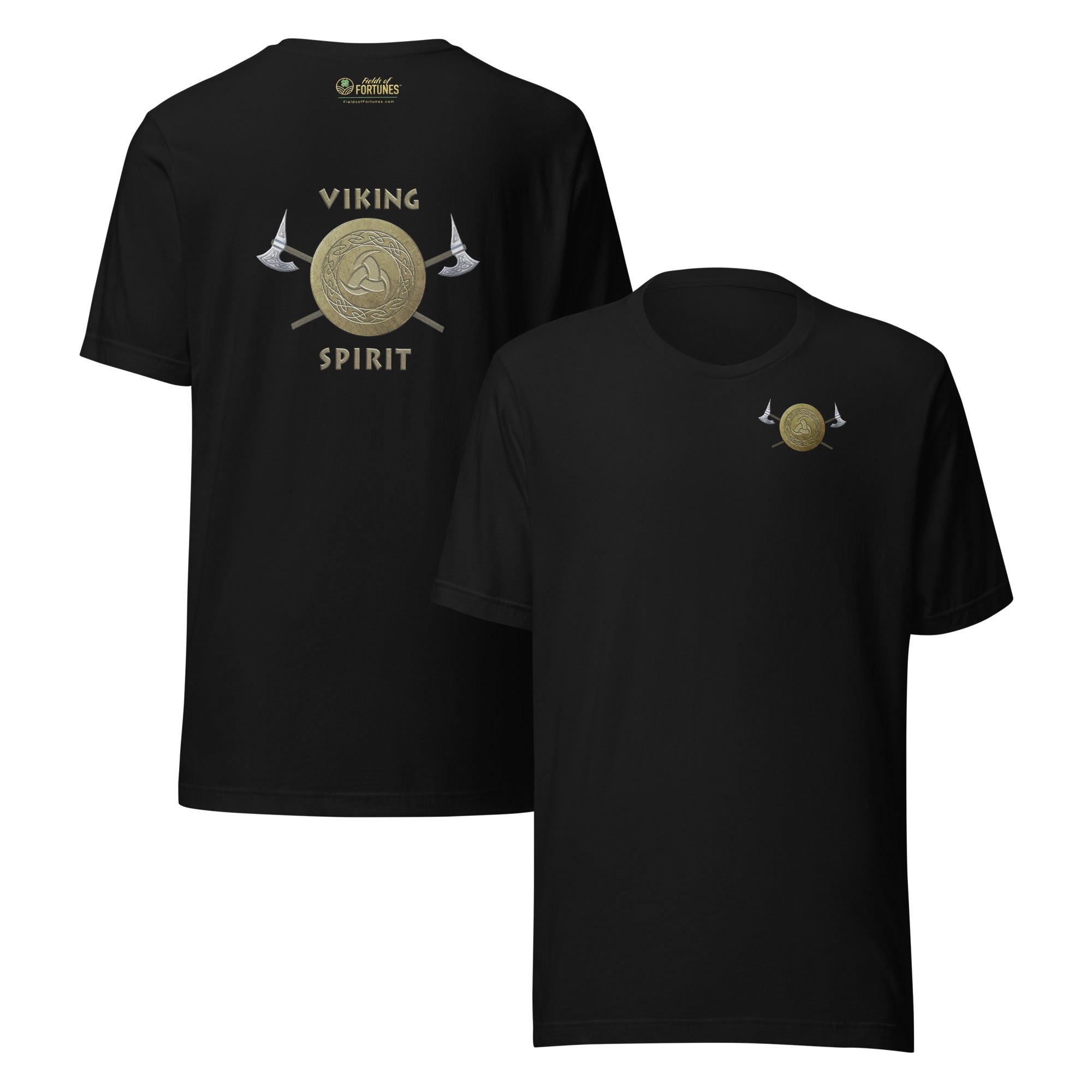 Black t-shirt with gold 'Viking Spirit' design small on front, large on back.