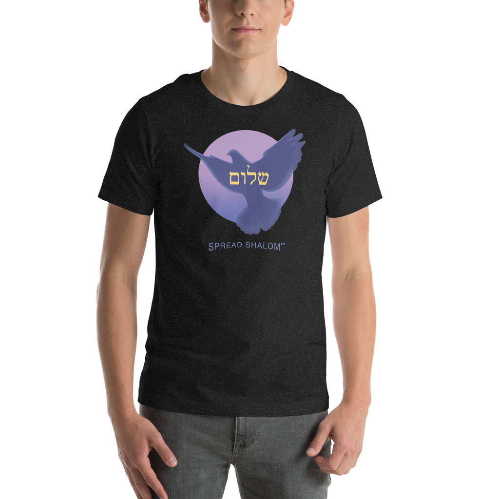 Person wearing a black heather t-shirt with a dove and Spread Shalom in english and hebrew.