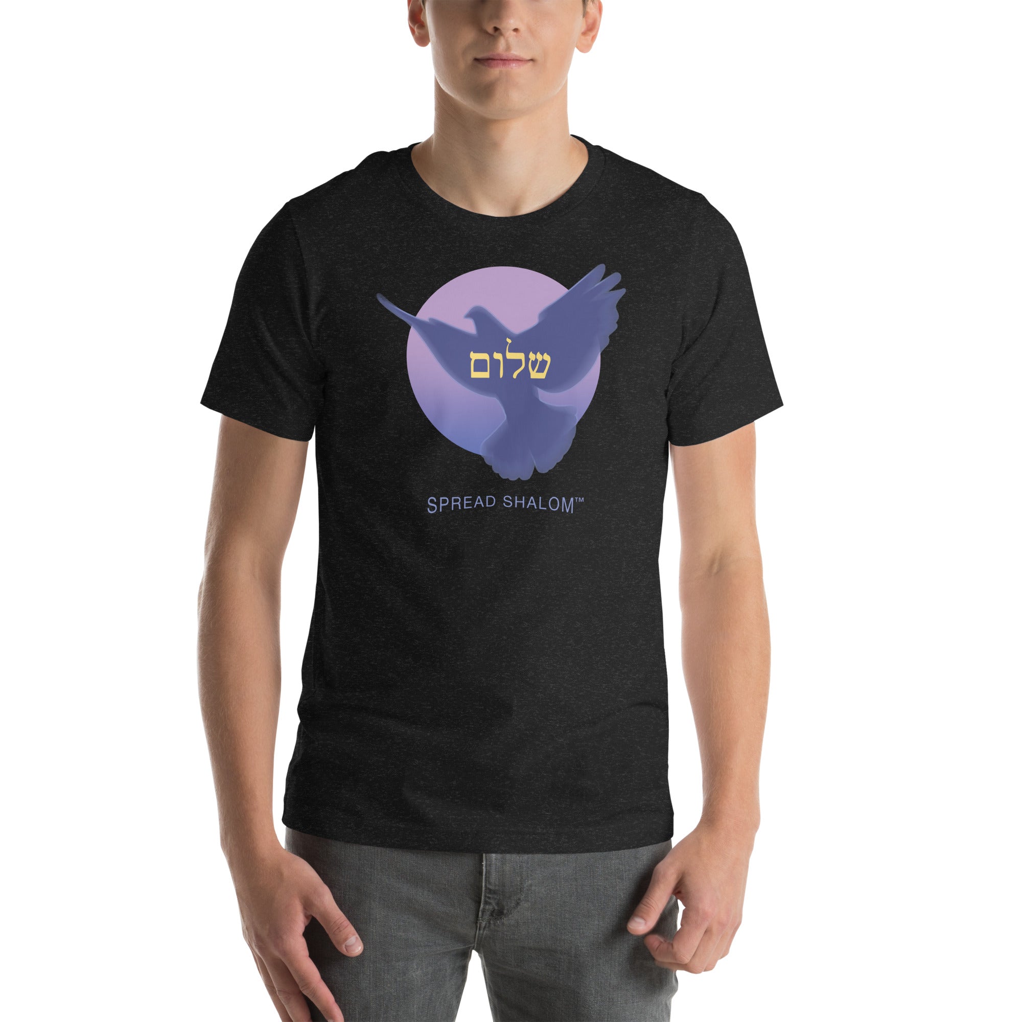Person wearing a black heather t-shirt with a dove and Spread Shalom in english and hebrew.