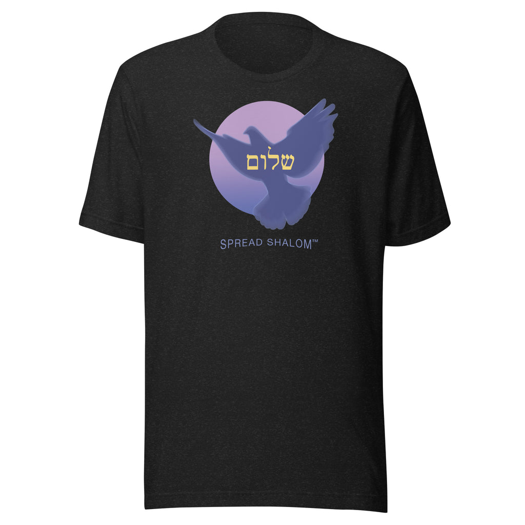 Black heather t-shirt with a dove in front of pink moon and Spread Shalom in english and hebrew.