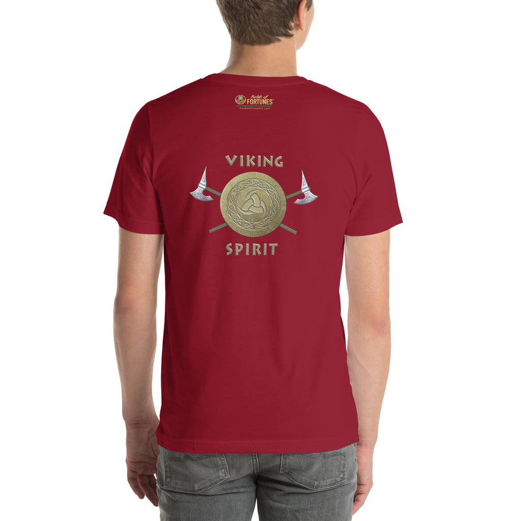 Red t-shirt with large 'Viking Spirit' design on the back, worn by a person.
