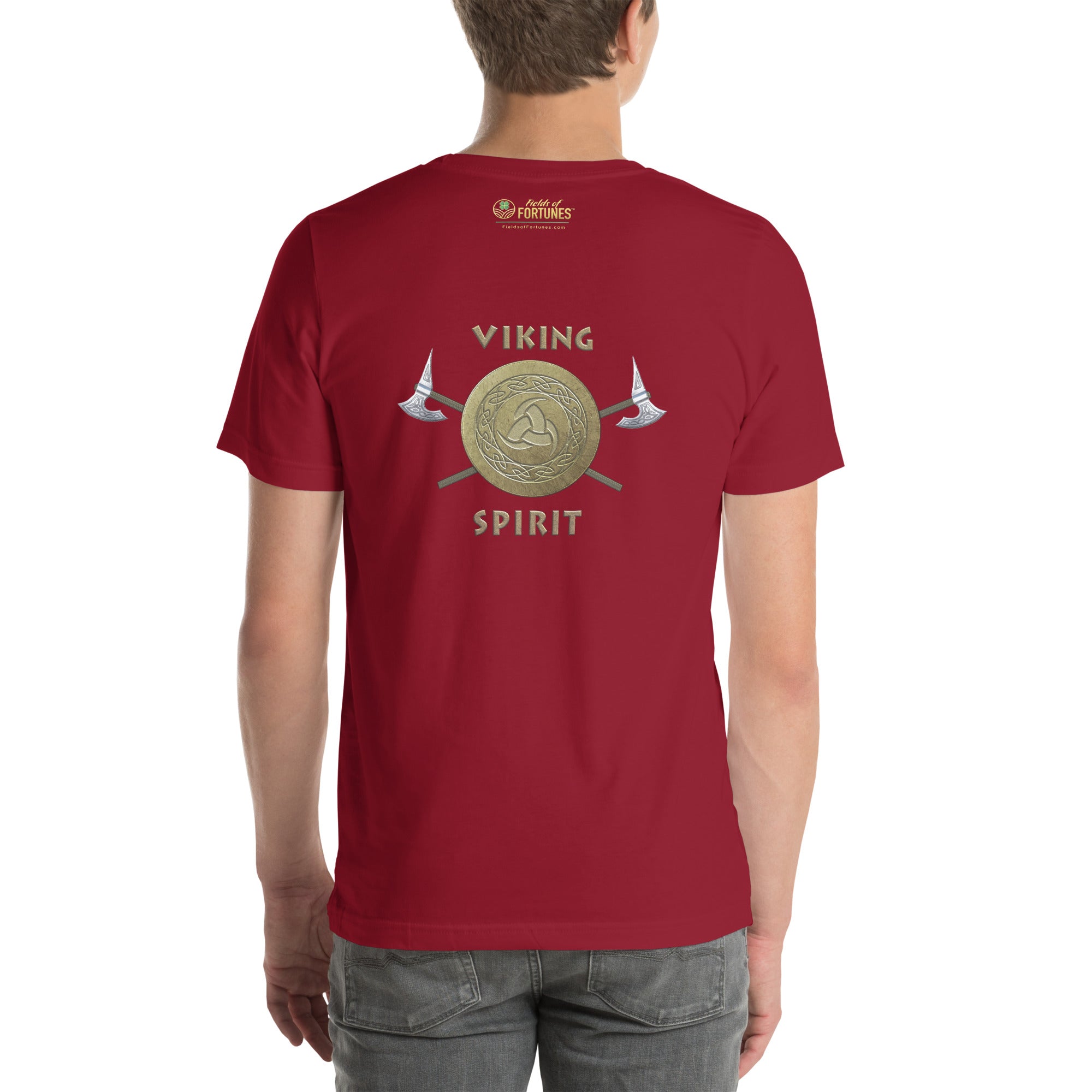 Red t-shirt with large 'Viking Spirit' design on the back, worn by a person.