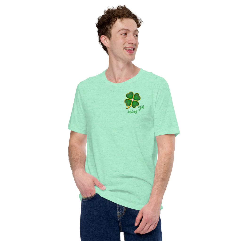 Person wearing a mint green t-shirt with a four-leaf clover design with Lucky Day script.