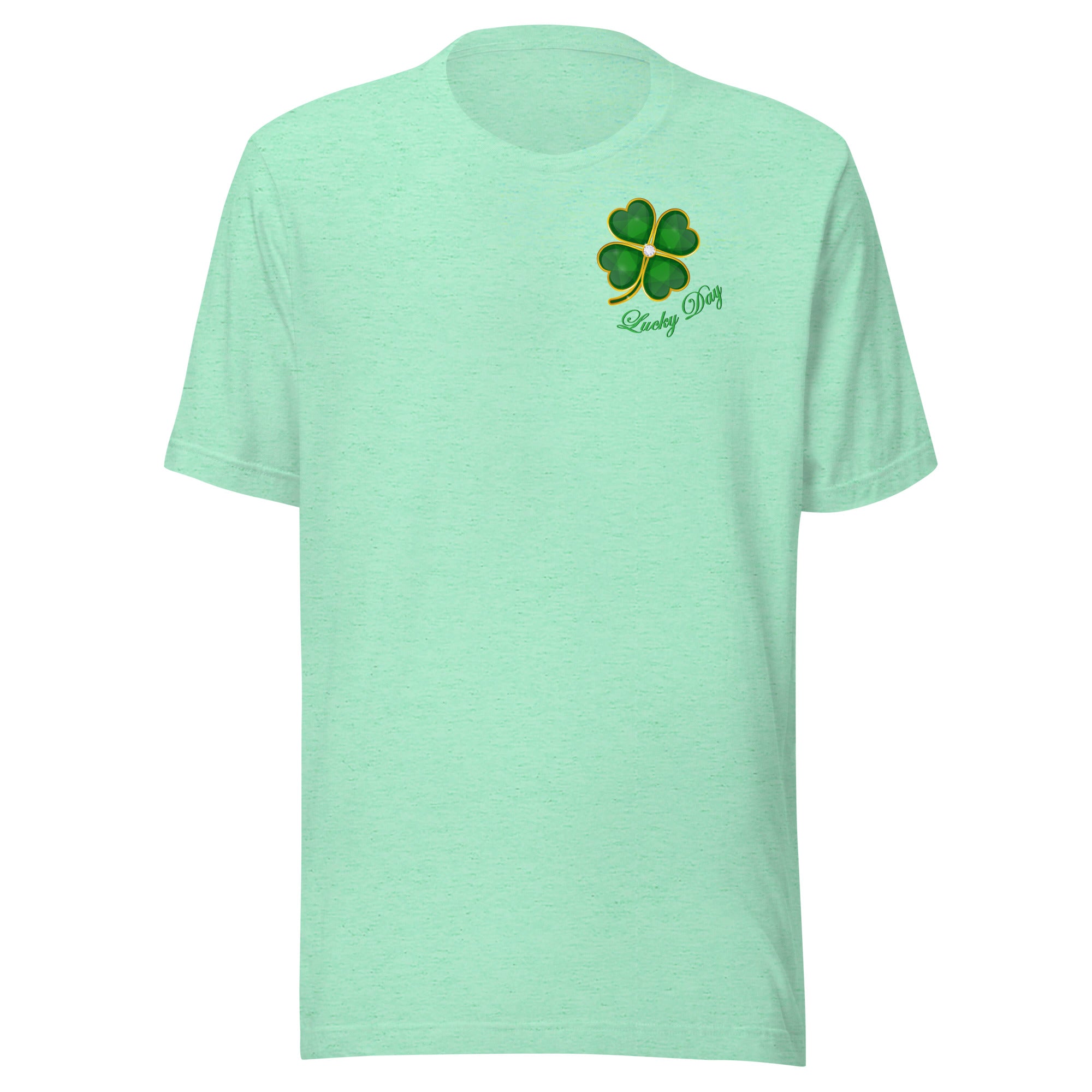 Light green t-shirt with a four-leaf clover design and 'Lucky Day' text.