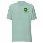 Dusty heather green  t-shirt with a four-leaf clover design with Lucky Day .script.