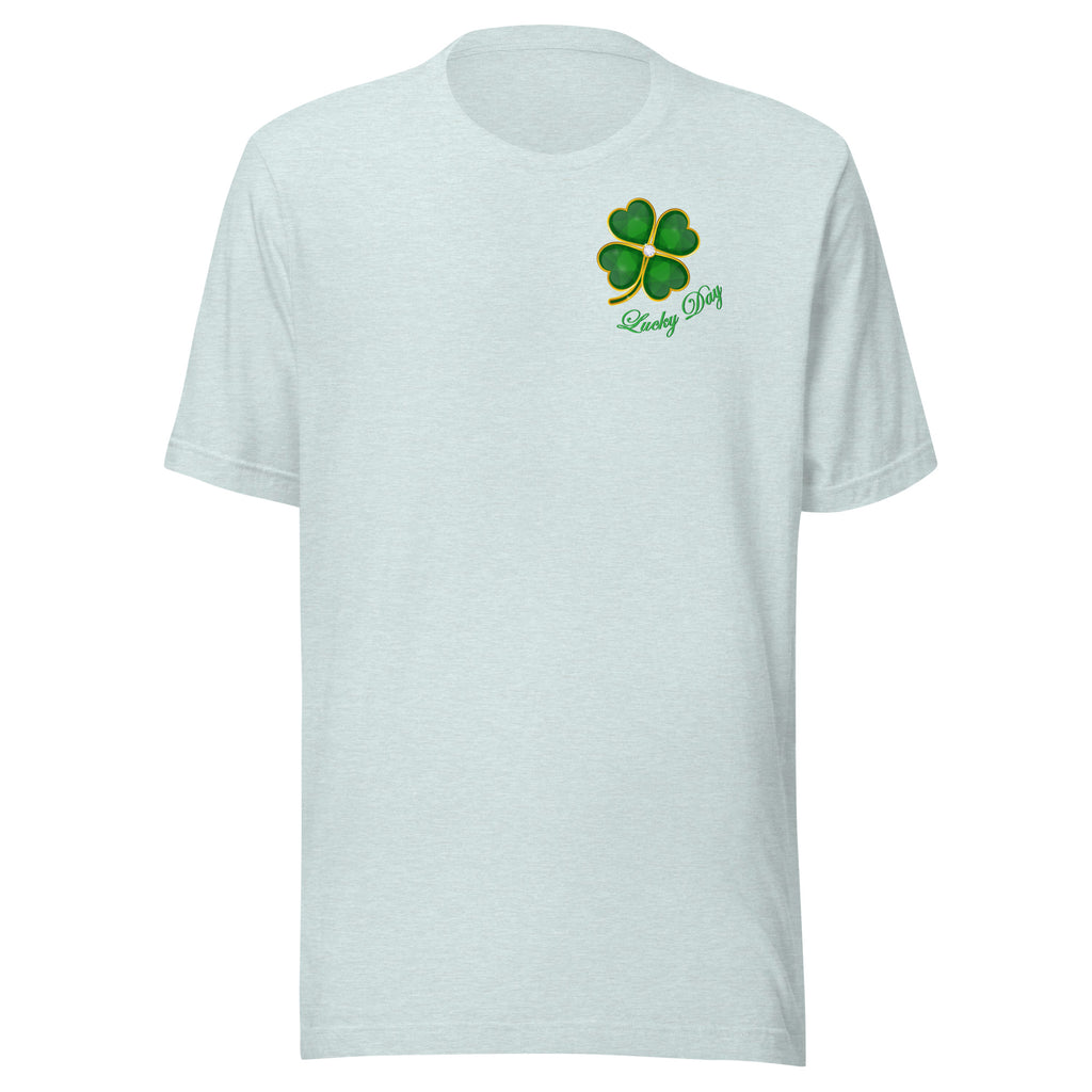 Light blue t-shirt with a four-leaf clover design on a white background
