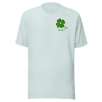 Light blue t-shirt with a four-leaf clover design on a white background