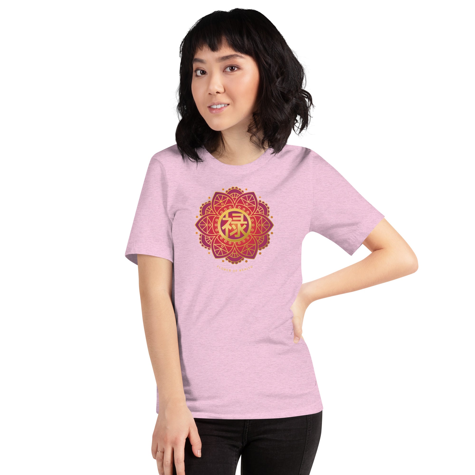 Woman wearing a heather pink with a colorful red and gold Chinese prosperity design .