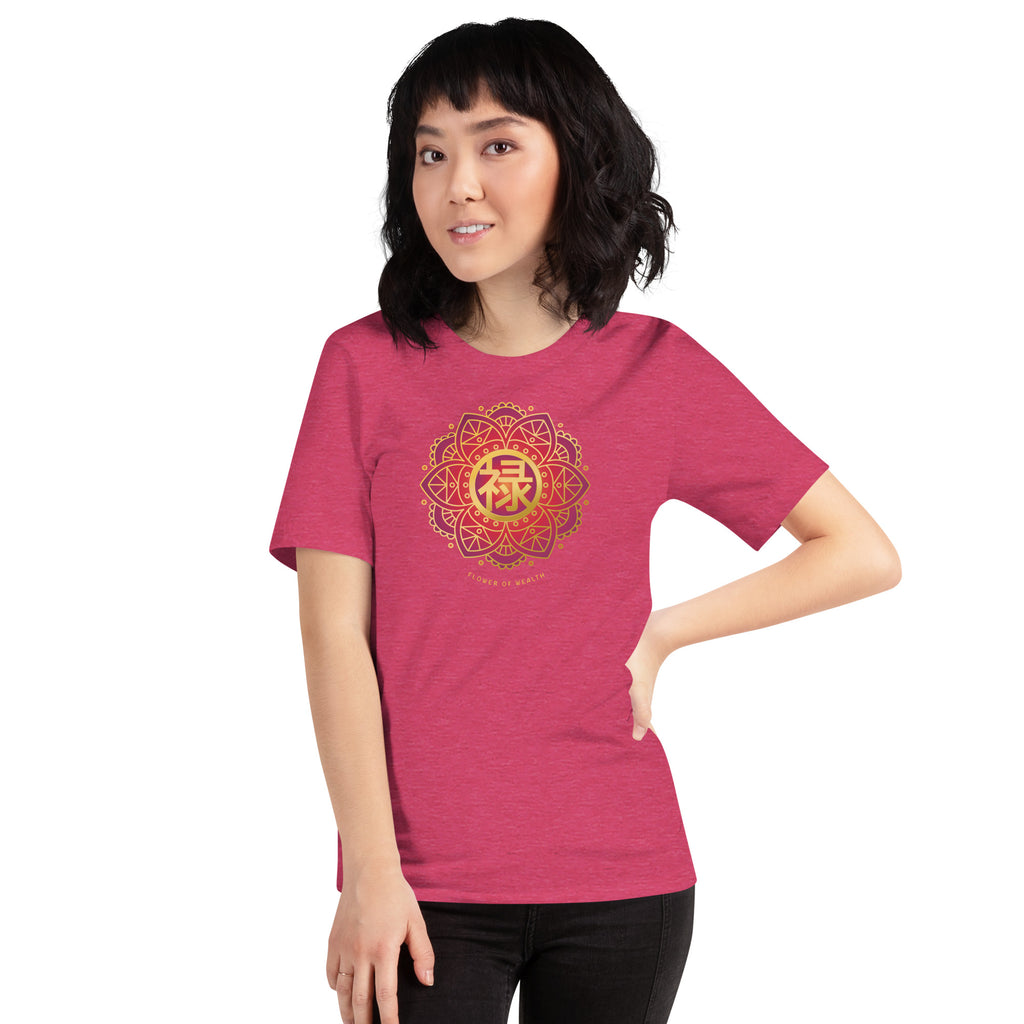 Woman wearing a raspberry tee, with a colorful red and gold Chinese prosperity design .