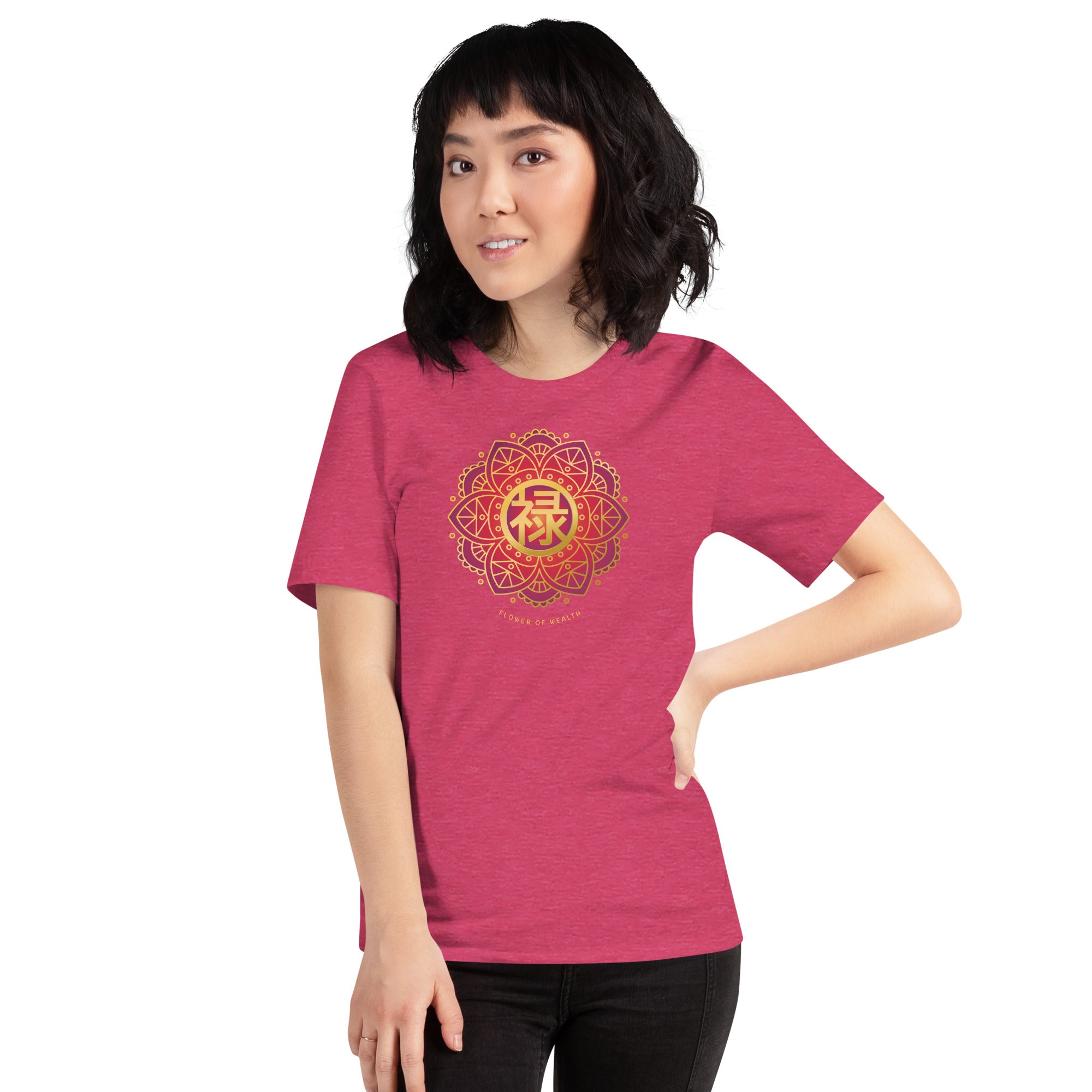 Woman wearing a raspberry tee, with a colorful red and gold Chinese prosperity design .