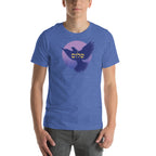 Person wearing true royal heather t-shirt with a dove in front of pink moon and Spread Shalom in english and hebrew.