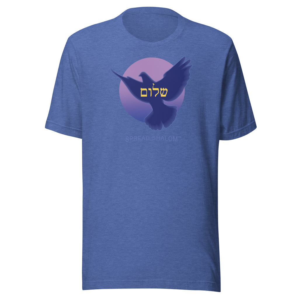 True royal heather t-shirt with a dove in front of pink moon and Spread Shalom in english and hebrew.