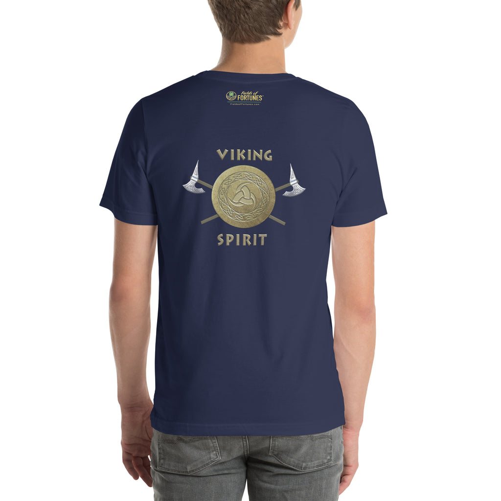 Navy blue t-shirt with large gold 'Viking Spirit' design on the back, worn by a person.