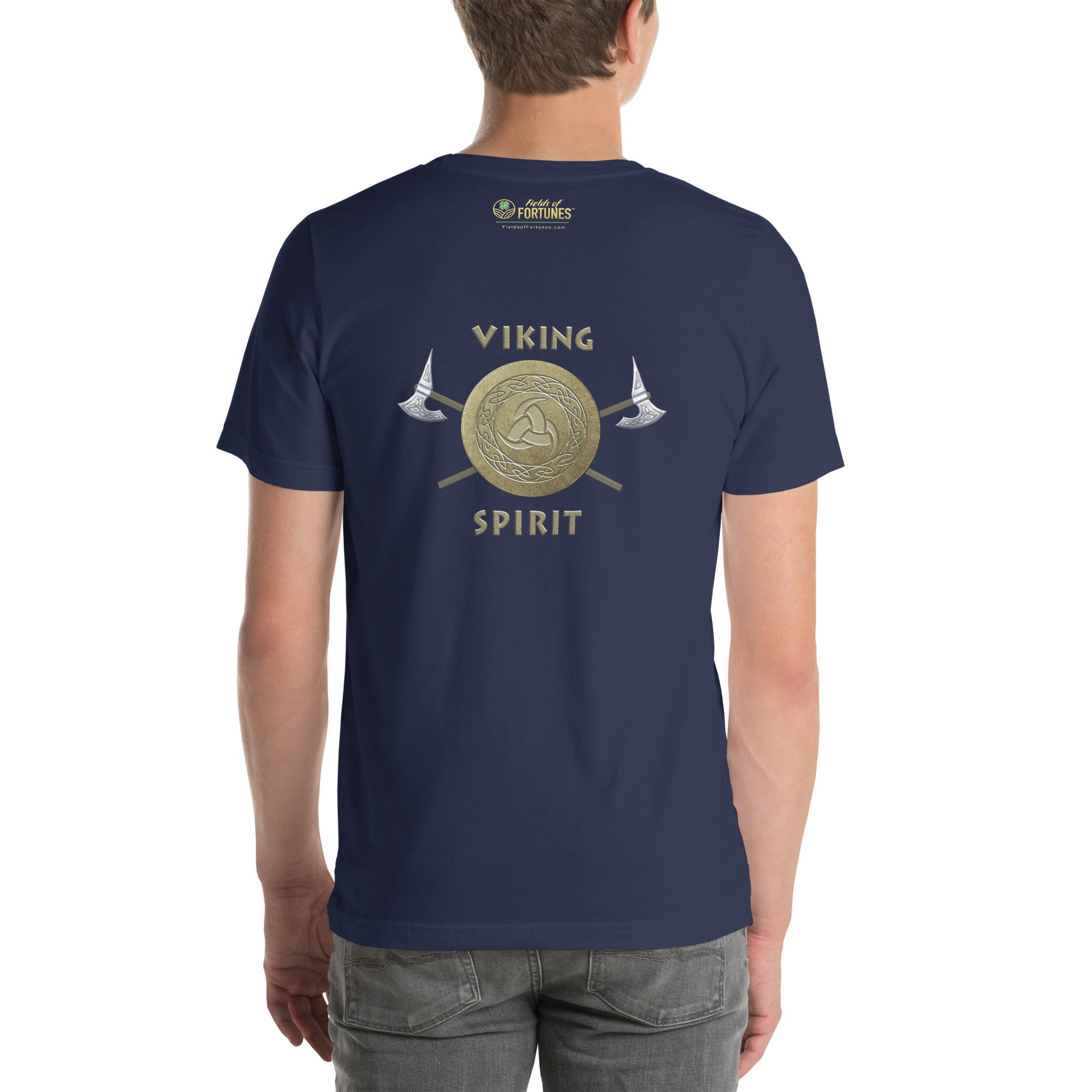 Navy blue t-shirt with large gold 'Viking Spirit' design on the back, worn by a person.