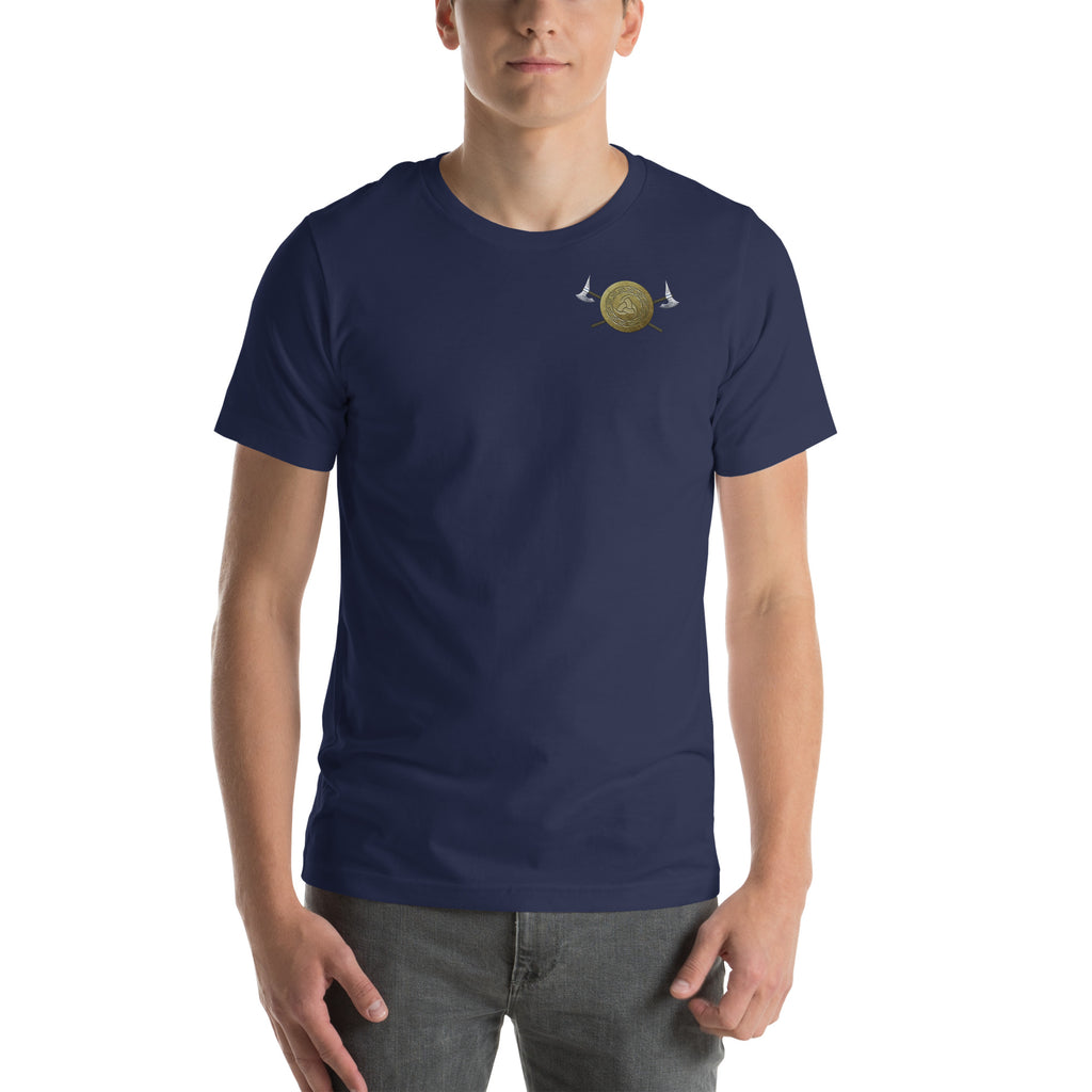 Person wearing a navy blue t-shirt with small gold Viking Spirit design.