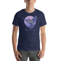 Person wearing navy t-shirt with a dove in front of pink moon and Spread Shalom in english and hebrew.