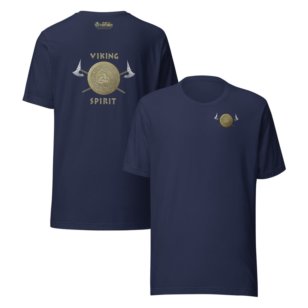 Navy blue with gold 'Viking Spirit' design small on front, large on back.