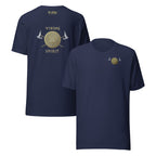 Navy blue with gold 'Viking Spirit' design small on front, large on back.
