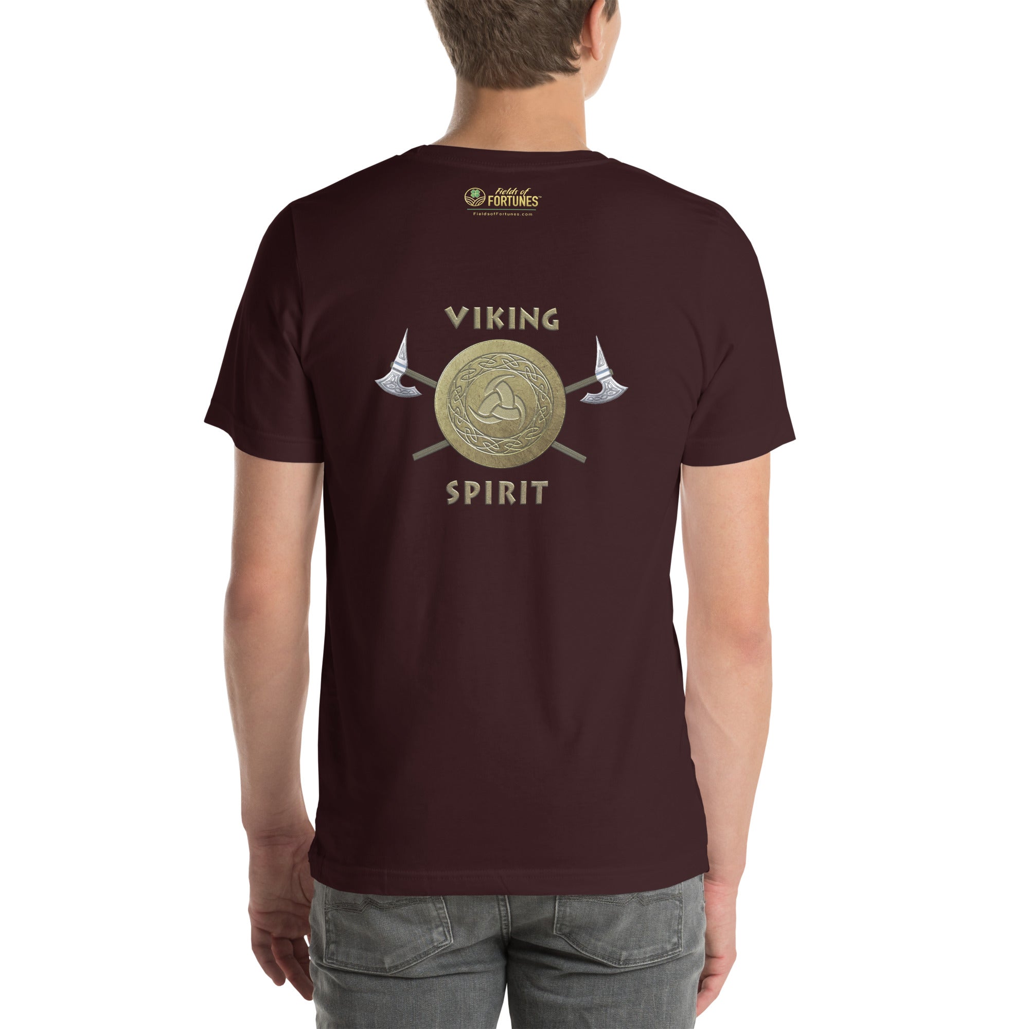 Person wearing a t-shirt with 'Viking Spirit' design on the back - Oxblood maroon.