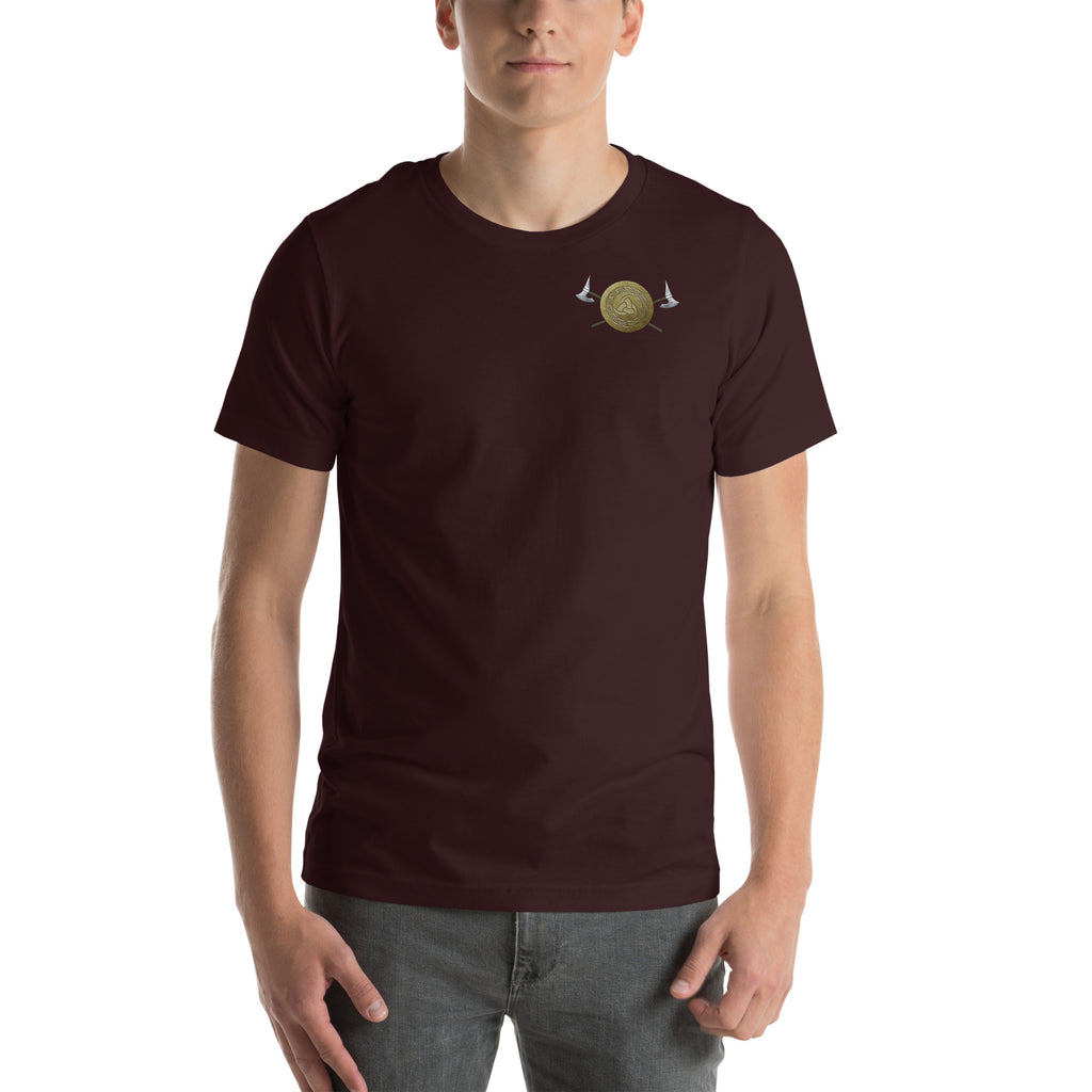 Person wearing a oxblood -shirt with gold Viking Spirit small on front.