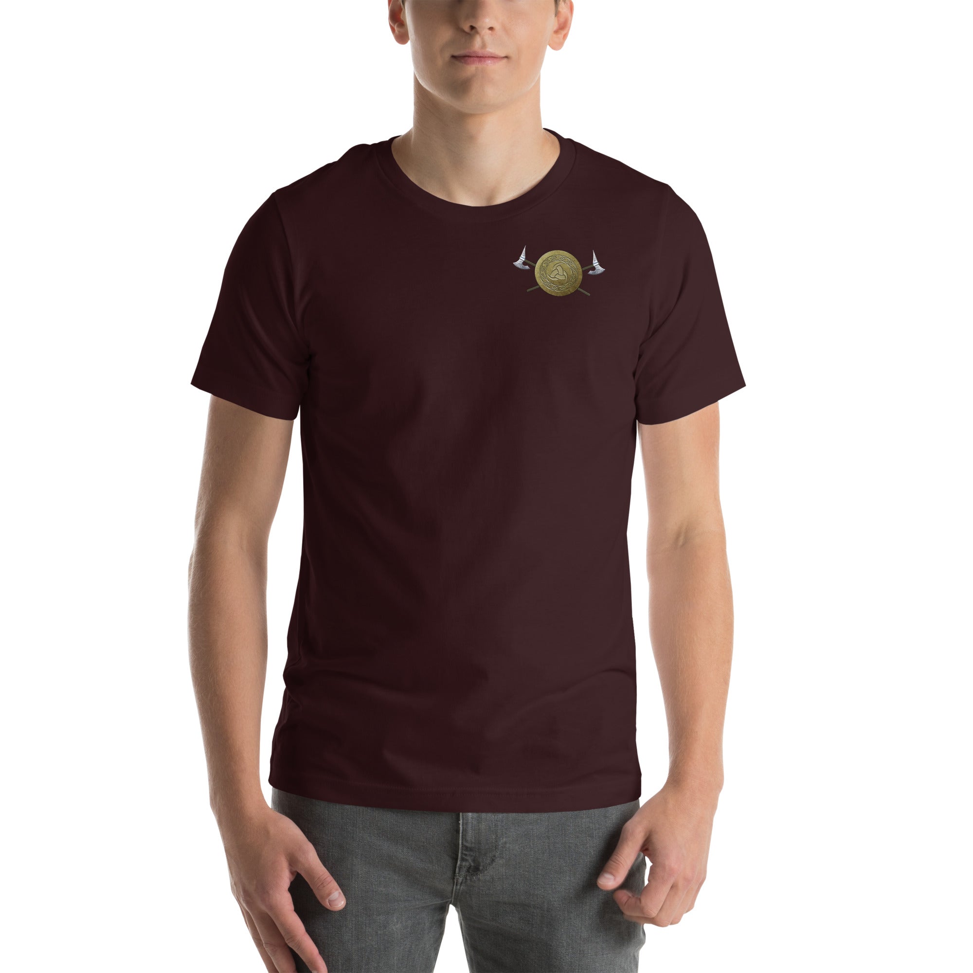 Person wearing a oxblood -shirt with gold Viking Spirit small on front.
