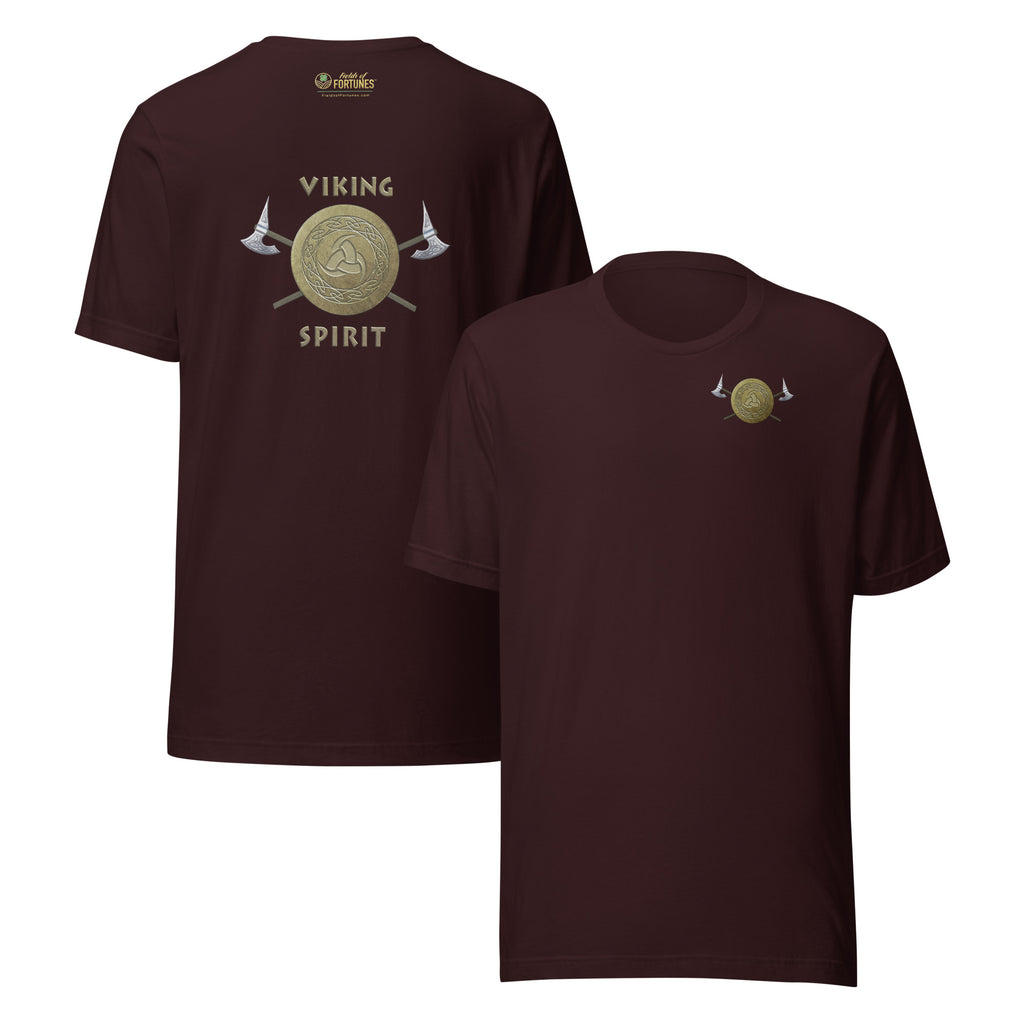 Oxblood t-shirt with gold 'Viking Spirit' design small on front, large on back.