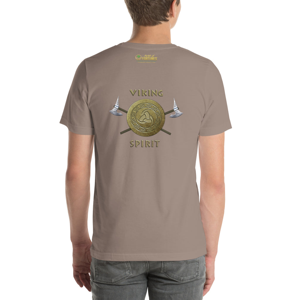 Person wearing a pebble tan colored t-shirt with 'Viking Spirit' design large on the back.