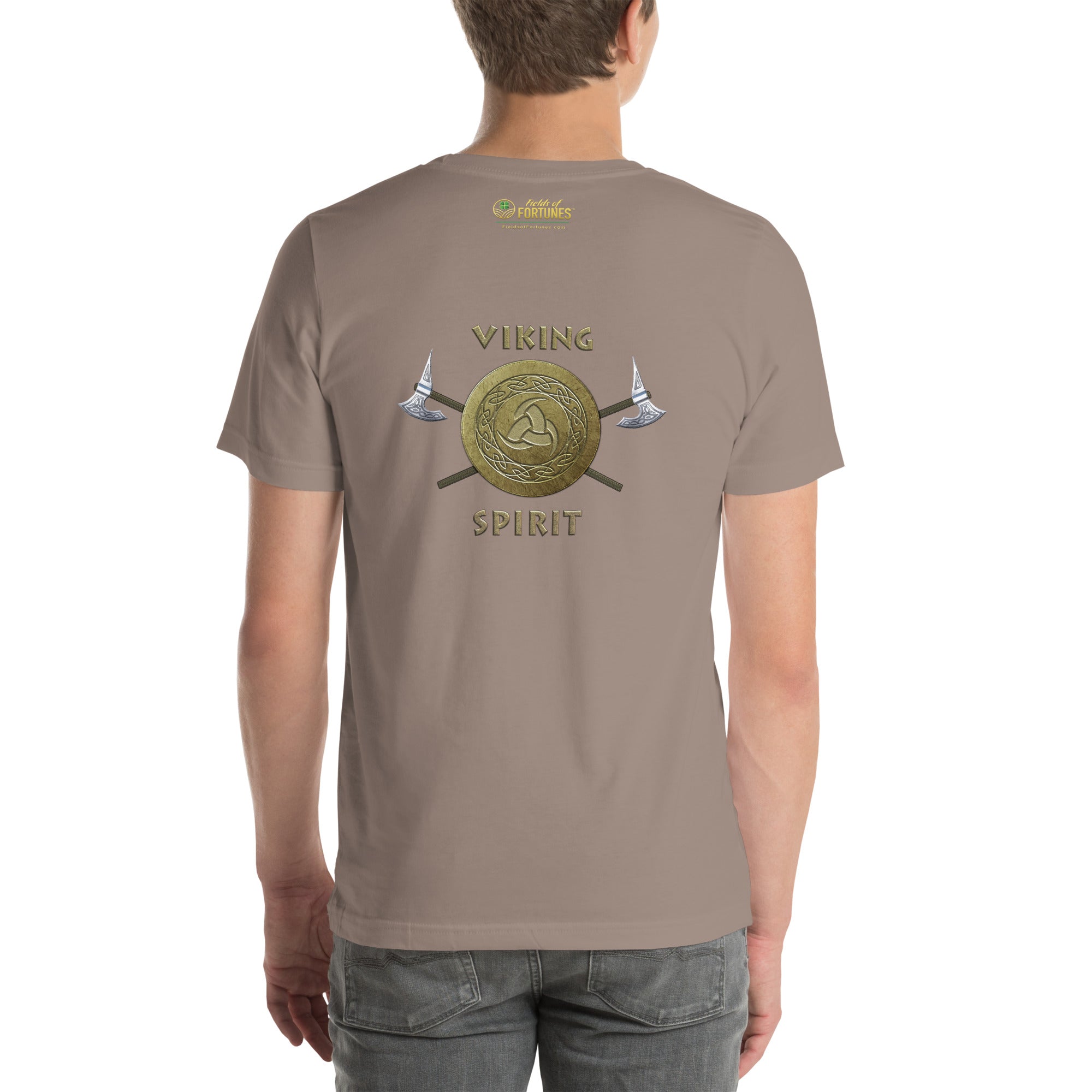 Person wearing a pebble tan colored t-shirt with 'Viking Spirit' design large on the back.