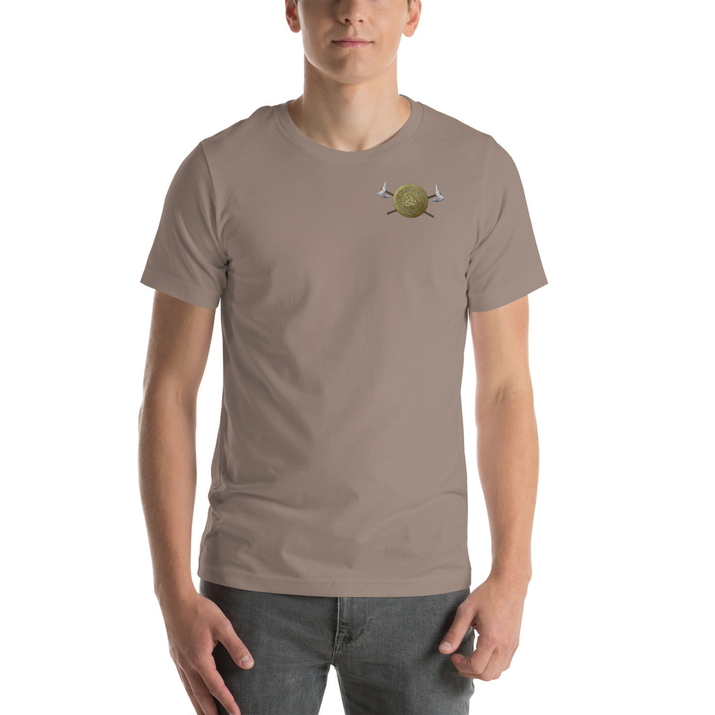 Person wearing a tan t-shirt small gold Viking Spirit design.